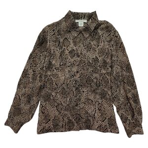 Josephine Chaus Snake Skin Print Button Down Blouse Top size 12 Black Tan Brown